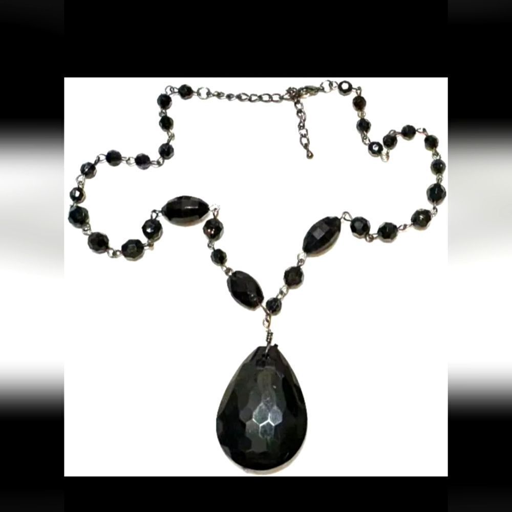 Vintage Jewelry Necklace Black Disco Cut Bead Silver Tone 17"-20.25"